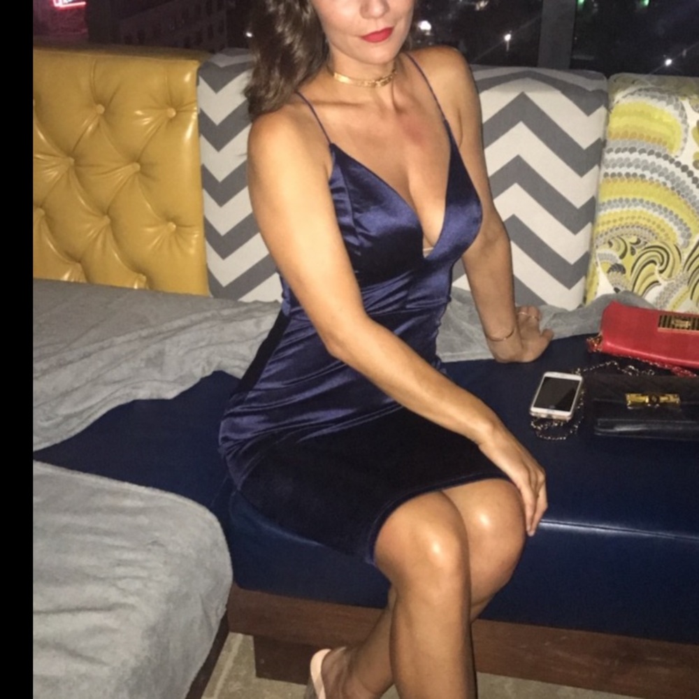 Navy Satin Cocktail Dress - Size Small
